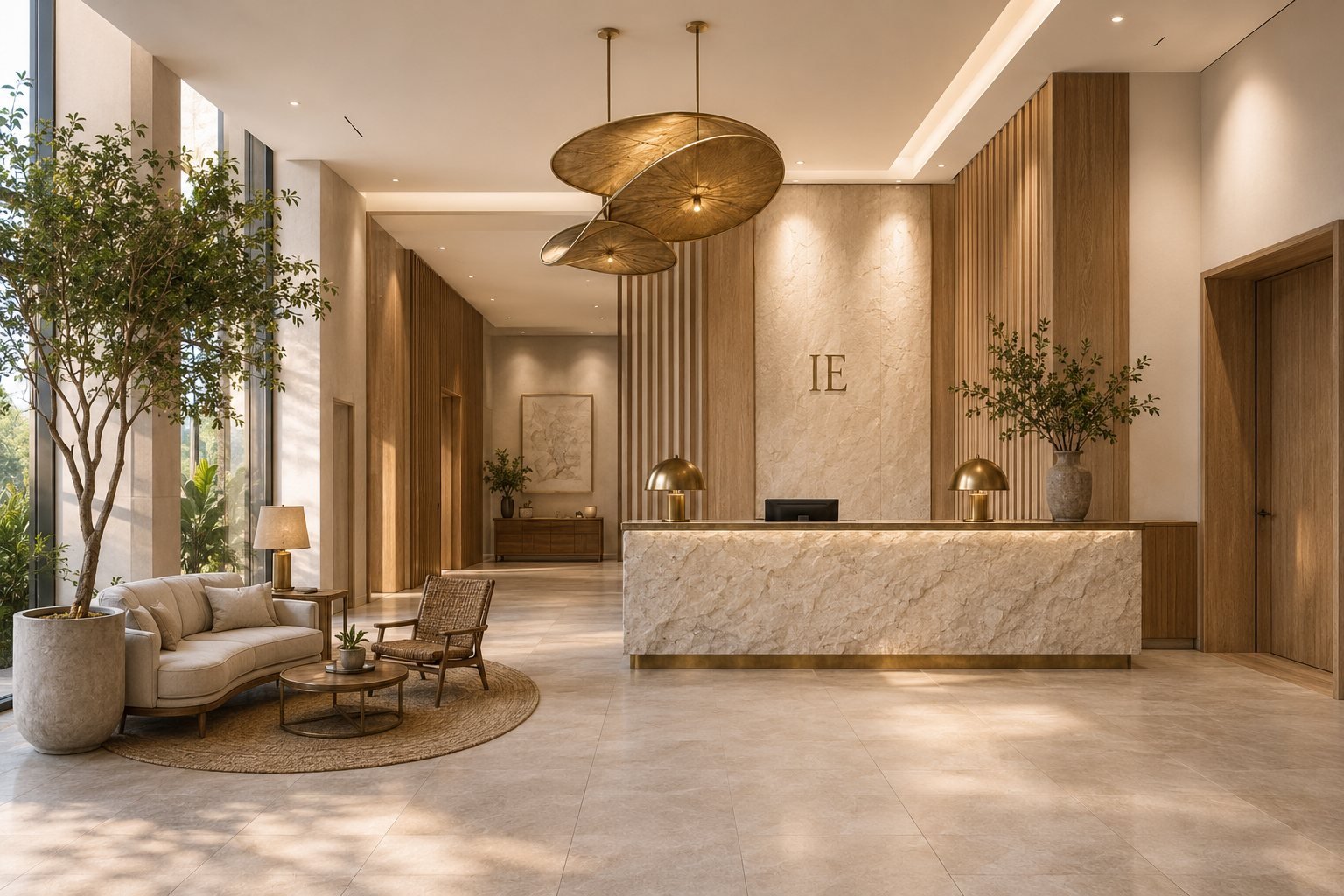Render fotorrealista del lobby y recepción de un hotel de 5 estrellas — IE Contract